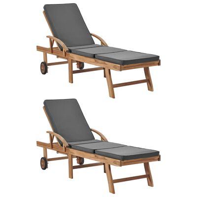vidaXL Sun Loungers with Cushions 2 pcs Solid Teak Wood Dark Gray