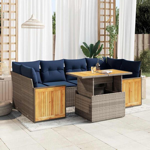 vidaXL 7 Piece Patio Sofa Set with Cushions Gray Poly Rattan Acacia