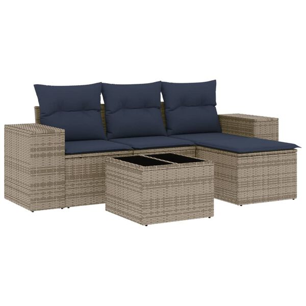 vidaXL 5 Piece Garden Sofa Set with Cushions Grey Poly Rattan