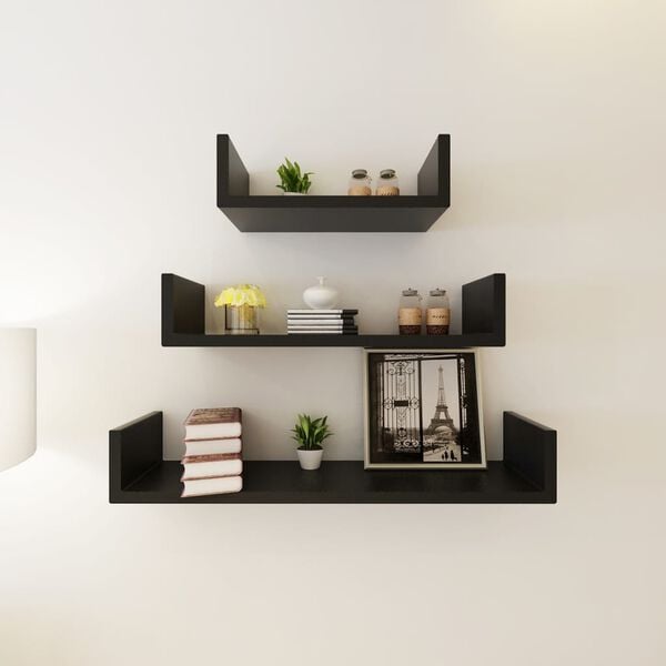 vidaXL Wall Shelf Set of 3 Black MDF with a matte finish