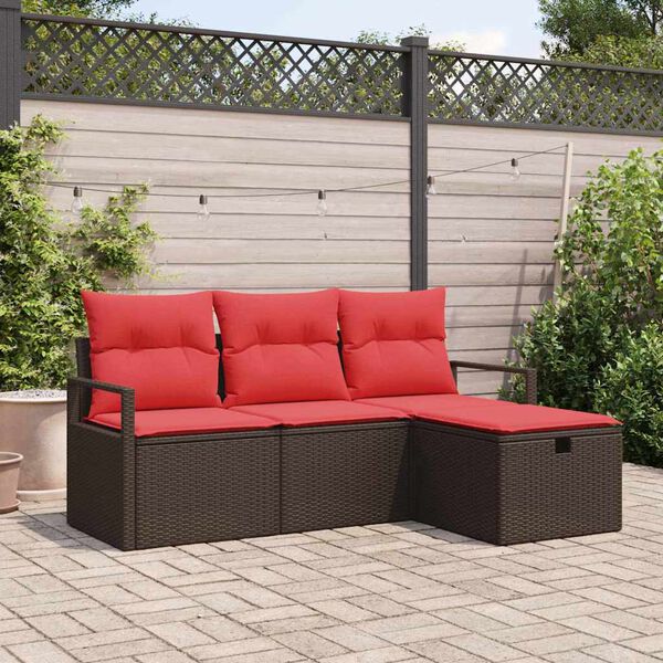 vidaXL Sofa Set with Cushion Manual 4 pcs Brown and Red Poly Rattan