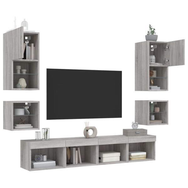 vidaXL 8 Piece TV Wall Units with LED Gray Sonoma Engineered Wood