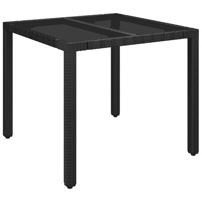 vidaXL Patio Table with Glass Top Black 35.4"x35.4"x29.5" Poly Rattan