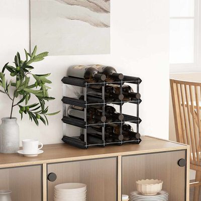 Close-up of the wine rack showing intersection of metal frame and black supports.