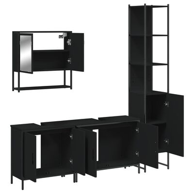 Partial view of a black bathroom vanity set with a wall mirror cabinet and a tall narrow cabinet.