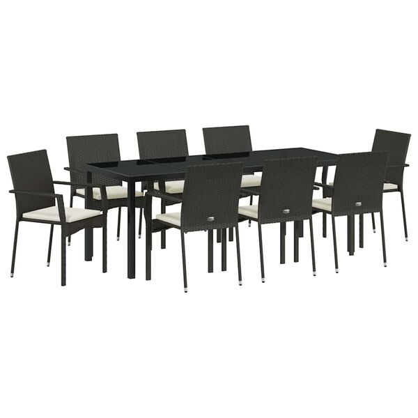 vidaXL Garden Dining Set with Cushion 9 pcs Black Poly Rattan
