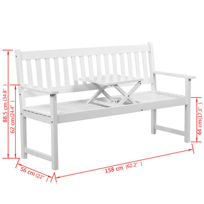 vidaXL Patio Bench with Pop-up Table 62.2" Solid Acacia Wood White
