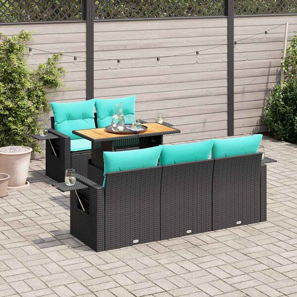 vidaXL 6 Piece Patio Sofa Set with Cushions Black Poly Rattan