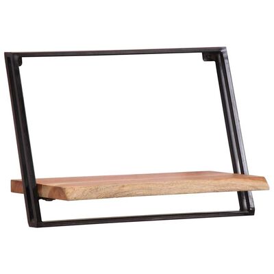 Rectangular black metal frame with a wooden shelf attached.