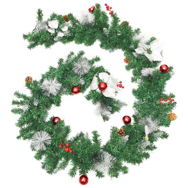 vidaXL Christmas Garland Green, Silver, Red PVC 8.9 ft Christmas Garland