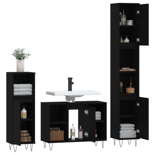 vidaXL Bathroom Furniture Set Black Engineered wood, Iron 3 Piece Set