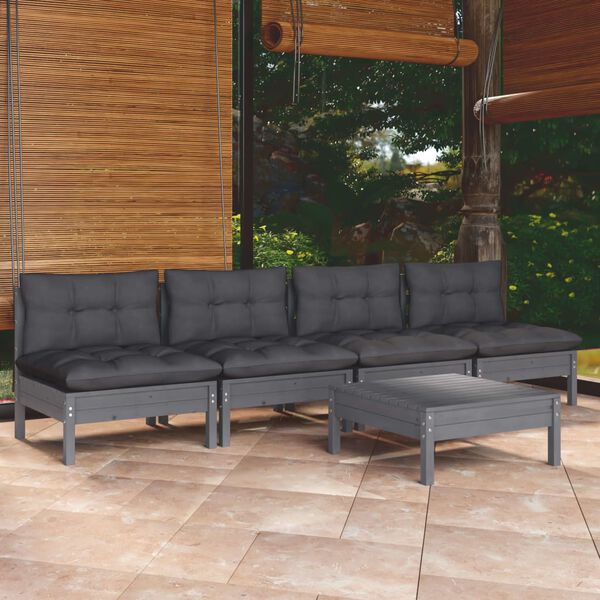 vidaXL Garden Lounge Set Grey Solid pine wood, fabric (100% polyester)