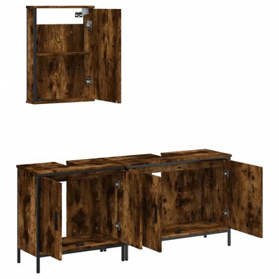 Open wall cabinet with single door and two lower wide vanity units with doors; same rustic finish