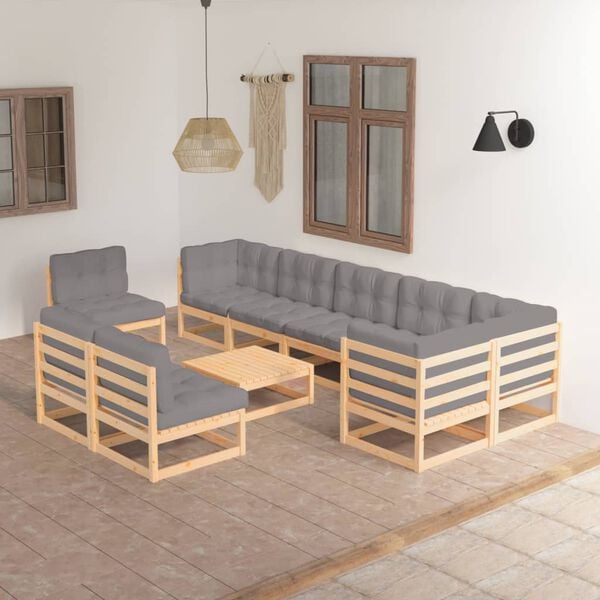 vidaXL Garden Lounge Set Natural wood, Grey cushions