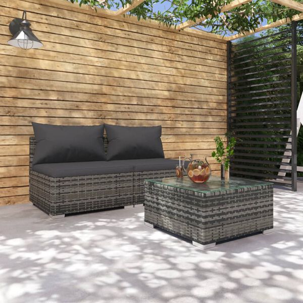 vidaXL Garden Lounge Set Grey PE Rattan Modular Three-Piece Set Modular