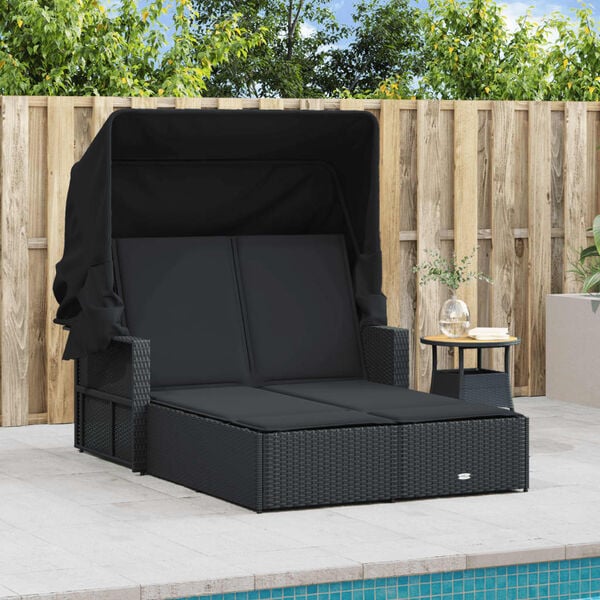 vidaXL Double Sun Lounger Black PE rattan, powder-coated steel Double