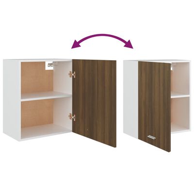 Two white cabinets with wood veneer doors being joined or separated, arrows indicating movement.