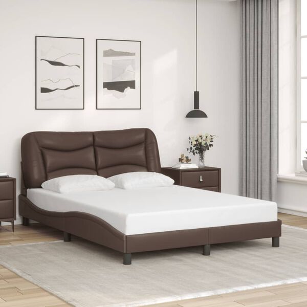 vidaXL Bed Frame Brown Faux leather, metal, solid pine wood, plywood