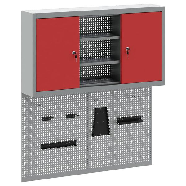 vidaXL Tool Cabinet and Pegboard Set 3 pcs Red 100 x 20 x 115 cm Steel
