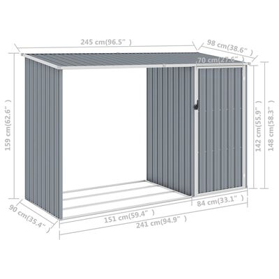 vidaXL Garden Firewood Shed Gray 96.5"x38.6"x62.6" Galvanized Steel