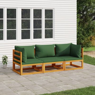 vidaXL 3 Piece Patio Lounge Set with Green Cushions Solid Wood