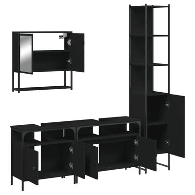 Partial assembly view of bathroom storage furniture including wall cabinet and tall cabinet with doors, plus multiple base cabinets.