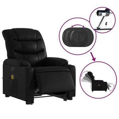 Diagram of a black recliner chair with circular callouts showing features like cup holders and reclining mechanism.