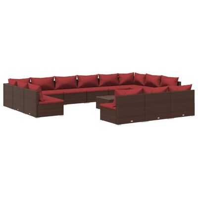 vidaXL 14 Piece Patio Lounge Set with Cushions Brown Poly Rattan
