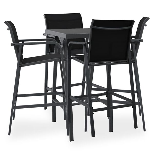vidaXL Garden Bar Set Black and dark grey Tempered glass, steel, textilene