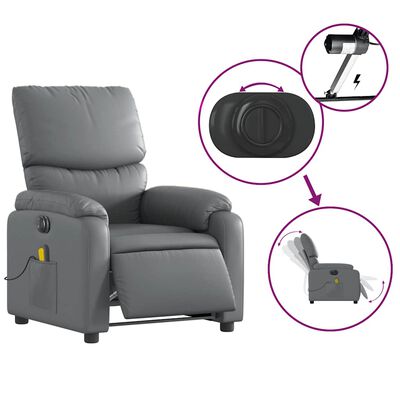 Gray reclining chair with circular inset showing features and a small illustration of a remote control and inside-out mechanism