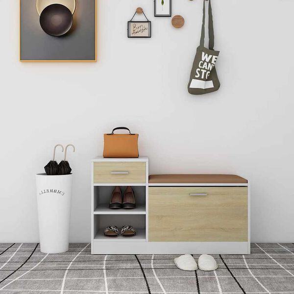 vidaXL Shoe Bench White and Sonoma Oak Engineered wood, MDF, faux leather