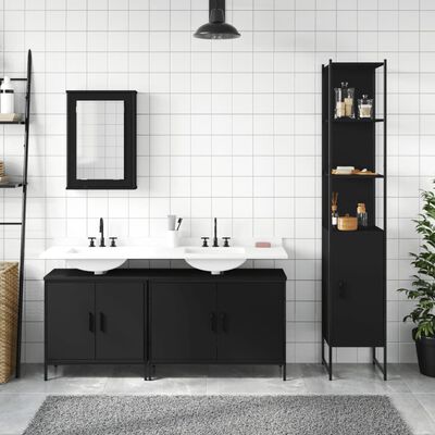 A black bathroom vanity with double sinks, a tall cabinet, and an open shelf unit in a modern tiled bathroom setting.
