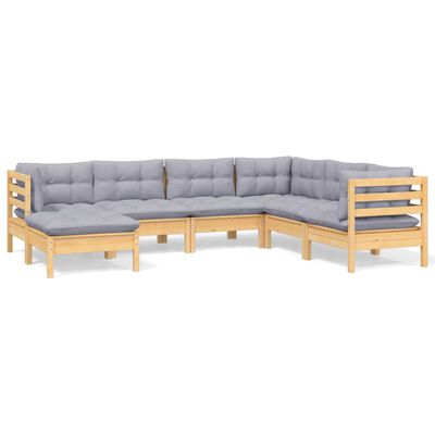 vidaXL 7 Piece Patio Lounge Set with Gray Cushions Solid Pinewood