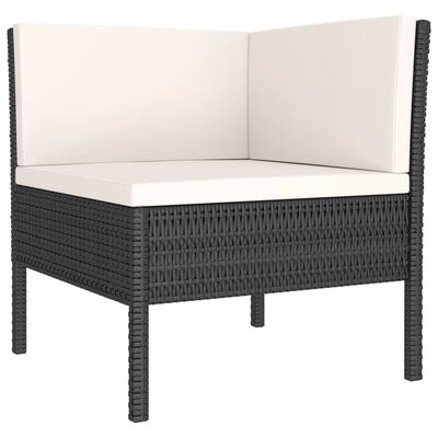 Dark wicker corner chair with cream cushions, part of a modular outdoor seating set.