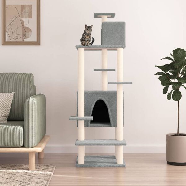 vidaXL Cat Tree Light gray Engineered wood, Plush, Sisal 60.6 in Durable