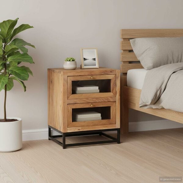 vidaXL Bedside Cabinet Brown Solid acacia wood, glass, powder-coated steel