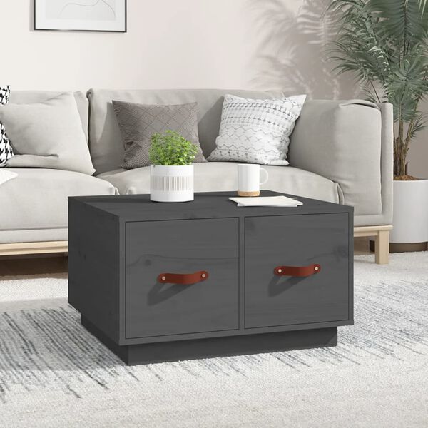 vidaXL Coffee Table Grey Solid Pine Wood, Faux Leather (PU) Medium