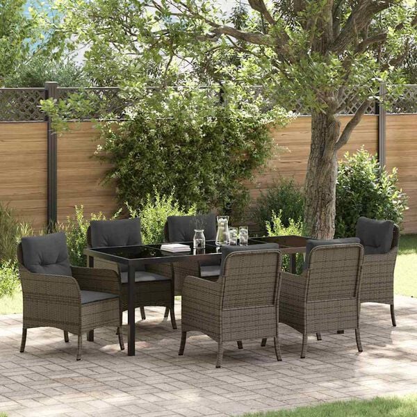 vidaXL Garden Dining Set with Cushion 7 pcs Grey Poly Rattan