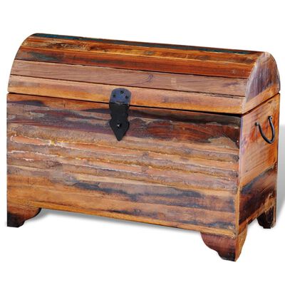 A wooden chest with curved lid and metal latch, simple legs, showing natural wood grain.