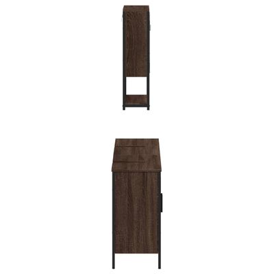 Two views of a tall dark wood cabinet with a small open shelf at bottom and a side perspective showing its height.