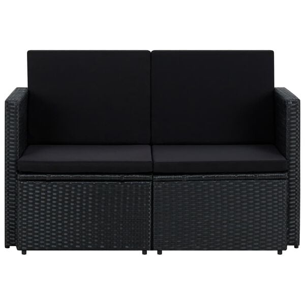 vidaXL Sofa Black PE Rattan, Powder-Coated Steel, Polyester 2-Seater