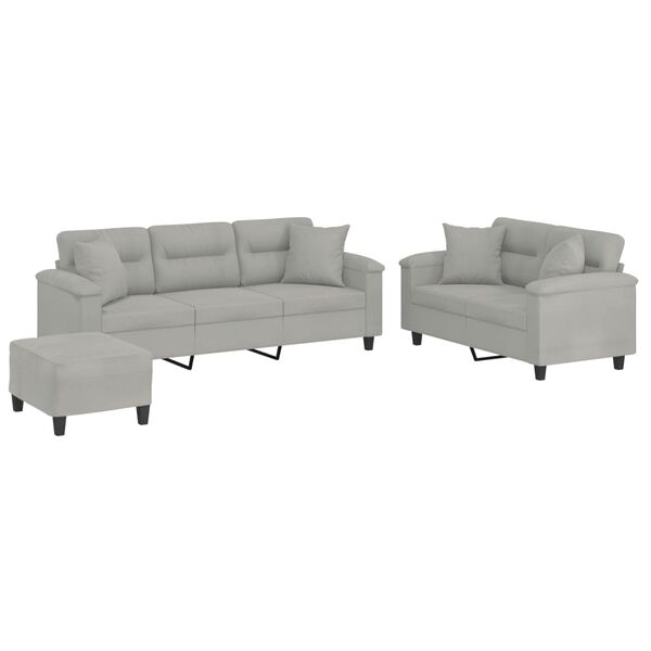 vidaXL 3 Piece Sofa Set with Pillows Light Gray Microfiber Fabric