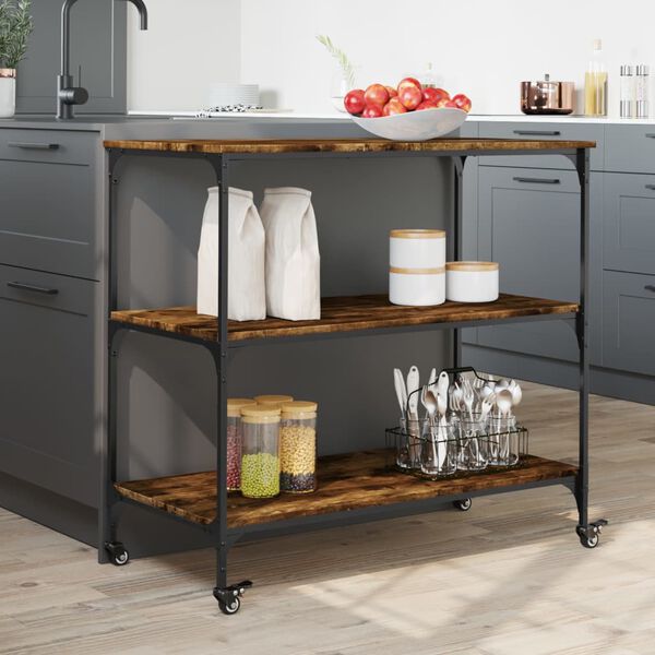 vidaXL Kitchen Trolley Smoked Oak 40.2"x19.7"x37.4" Engineered Wood