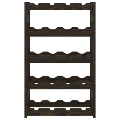 Front view of a dark wooden wine rack with five shelves and curved bottle slots.