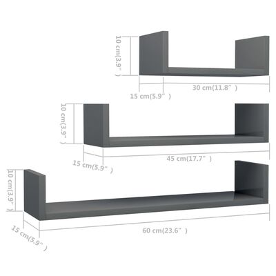 vidaXL Wall Display Shelf 3 pcs High Gloss Gray Engineered Wood