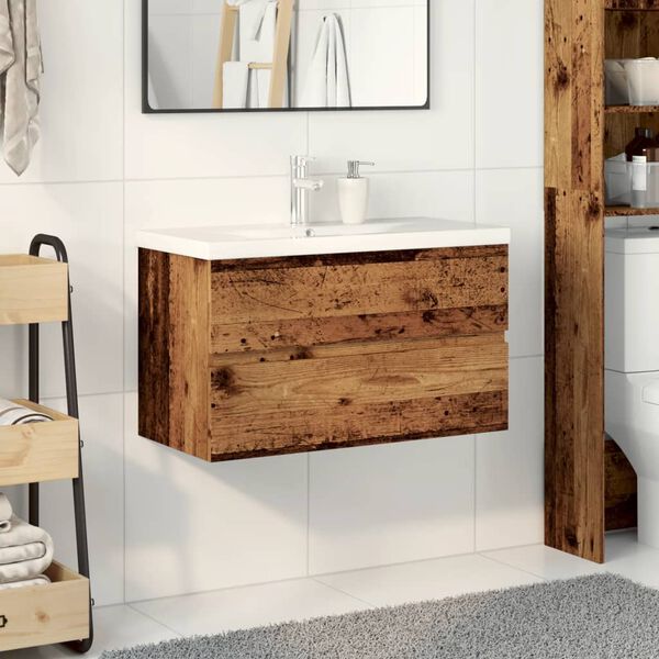 vidaXL Sink Cabinet With Basin Old wood, white Engineered wood, ceramic