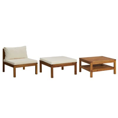 vidaXL 3 Piece Patio Lounge Set with Cream White Cushions Acacia Wood