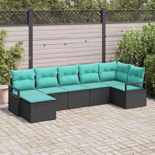 vidaXL Sofa Set with Cushion 7 pcs Black and Turquoise Poly Rattan