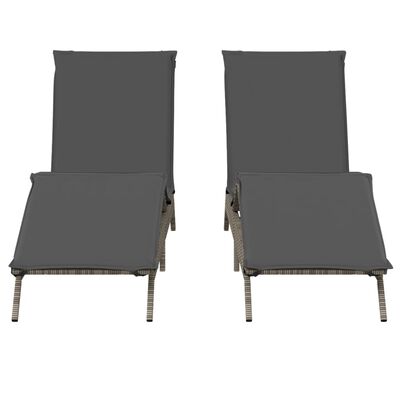Two gray cushioned lounge chairs viewed from front, both upright.