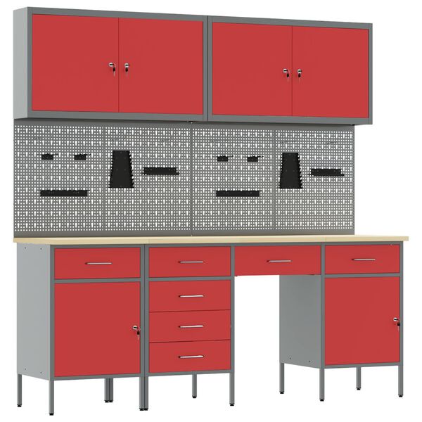 vidaXL Work Bench with Drawer 10 pcs Red 200 x 55 x 200 cm Steel